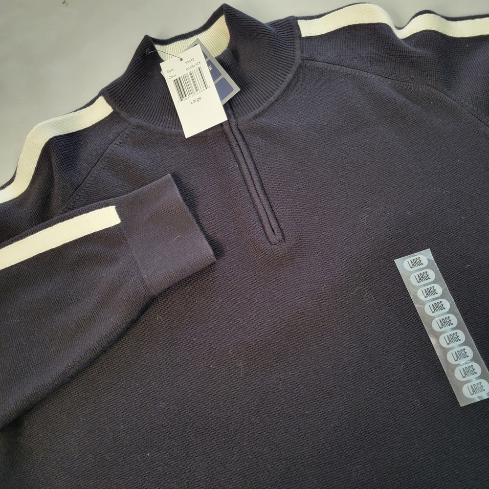 Dockers Mens Pullover Sweater Black White Stripe 1/4 Zip Cotton Large NWT
